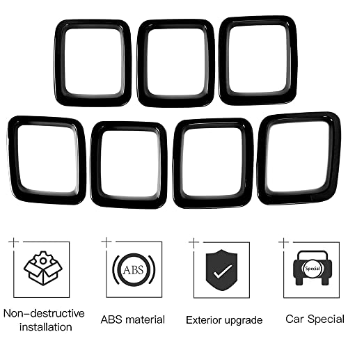 Image of Front Grille Grill Inserts Cover Compatible with Jeep Compass 2017 2018 2019 2020 2021 ABS Grill Cover Rings Frame Trims Kit 7PC (Glossy Black)
