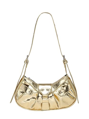 Verdusa Women's Pleated Hobo Shoulder Bag PU Leather Clutch Handbag Metallic Gold one-size