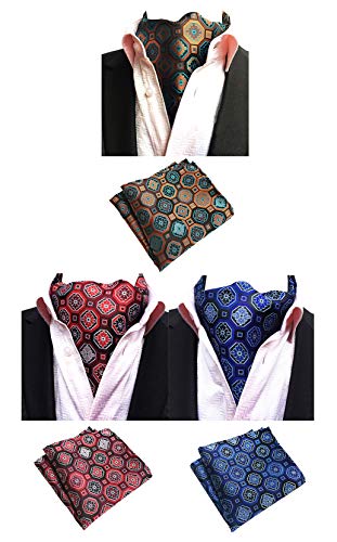 MOHSLEE Men's 3 PCS Geometric Ascot Self Tie Silk Formal Cravat Handkercheif Set