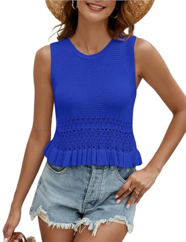 Image of VIMPUNEC Womens Crochet Crop Tank Tops Sleeveless Knit Sweater Vest Ruffle Hem Summer Top