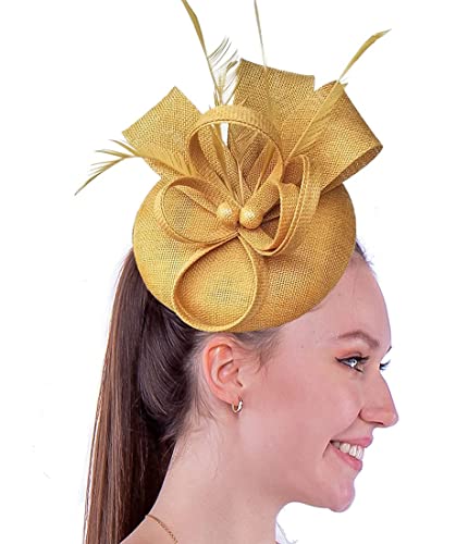 Coolwife Womens Fascinator Hat Sinamay Pillbox Flower Feather Tea Party Derby Wedding Headwear (Aa Gold) #TOP13