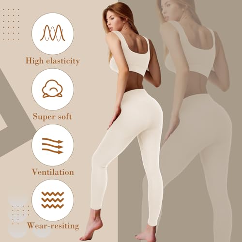 4 Pcs Women's Workout Sets Pilates Exercise Outfit Ribbed Scoop Neck Sports Bra Shorts Leggings Gym Clothes Set3