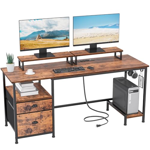 Furologee 55' Computer Desk with File Cabinet and Power Outlets, Home Office Desk with 2 Movable Monitor Stands and Storage Drawer, Writing Table with Shelves and 2 Hooks for Bedroom, Rustic Brown