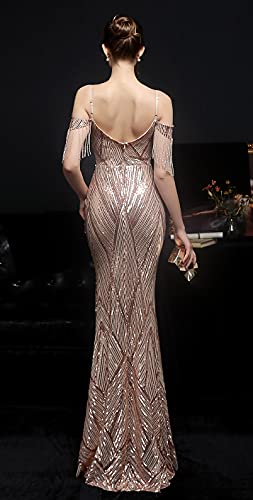 Women's V-Neck Off-Shoulder Sequins Tassels Mermaid Evening Dress4