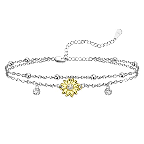 Shusukue Sunflower Anklet 925 Sterling Silver Sunflower Layered Anklet With Cubic Zirconia Adjustable Foot Anklet Bracelet Ocean Beach Foot Accessory Jewelry For Women Girls 9+2 Inch #TOP25