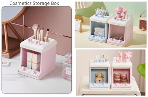 Image of Cosmetics Storage Box with Kawaii Stickers Makeup Organizer Bunny Pen Holder Cute Rabbit Ears Aesthetic Pencil Case (Blue+Random Pattern Stickers+4 Pieces of 3D Stickers)