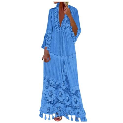 Moda de las mujeres sólido encaje patchwork Fringe manga larga vestido playa vacaciones vestido, azul, M