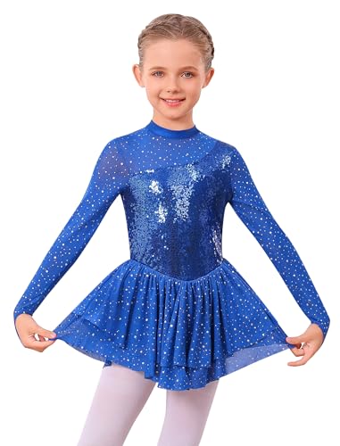 ODASDO Figure Skating Dress for Girls Ice Skating Kids Teenager Girl Mesh Long Sleeve Sparkly Rhinestones Sequin Skirted Leotard Gymnastics Competition Ballet Outfit Dancewear Royal Blue 5-6 Years