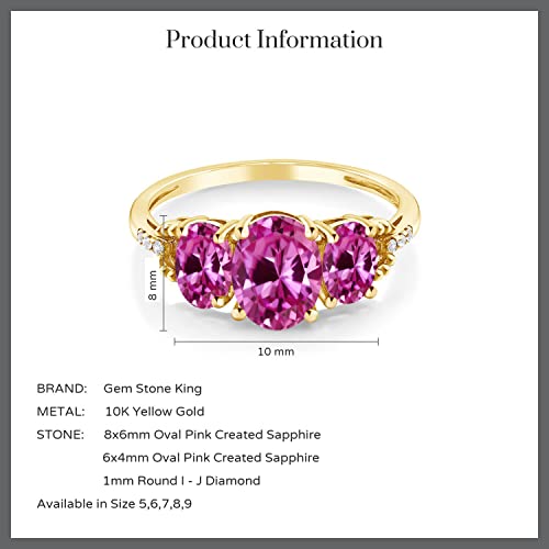 Gem Stone King 2.69 Cttw Oval Pink Created Sapphire and Diamond Accent 10K Yellow Gold Engagement Ring for Women | Gemstone Birthstone | Oval 8X6MM and 6X4MM | Available In Size 5, 6, 7, 8, 94