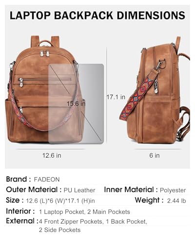 FADEON 15.6 inch Laptop Backpack Purse for Women Designer PU Leather Computer Backpacks Fashion for Work Travel Brown4