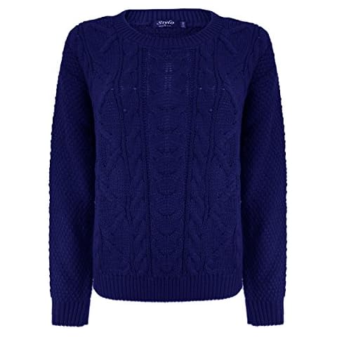 New Ladies Women Cable Knit Crew Neck Long Sleeve Jumper Knitted Sweater Top Pullover[Navy,L-XL] Cover