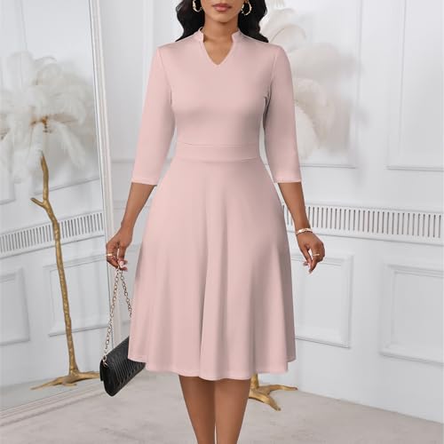 Image of PinkPatty Women's Casual A-line Midi Dresses 3 /4 Sleeve V Neck Fit and Flare Dress with Pockets