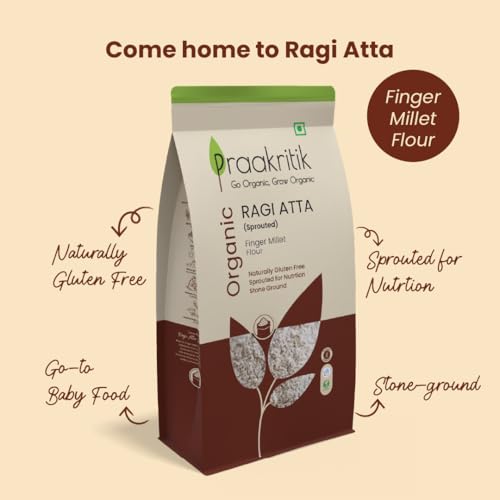 Image of Praakritik Organic Sprouted Ragi Atta Flour 500g, Goodness of sprouted Ragi, 100% Organic & Natural, Fibre, Protein & Nutrient rich flour