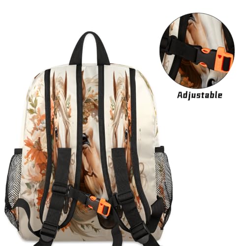 Watercolor Horse Floral Pattern Kids Backpack for Boys Girls, Waterproof Lightweight Toddler School Bag with Chest Strap, Small Travel Book Bag Preschool Kindergarten Backpack4