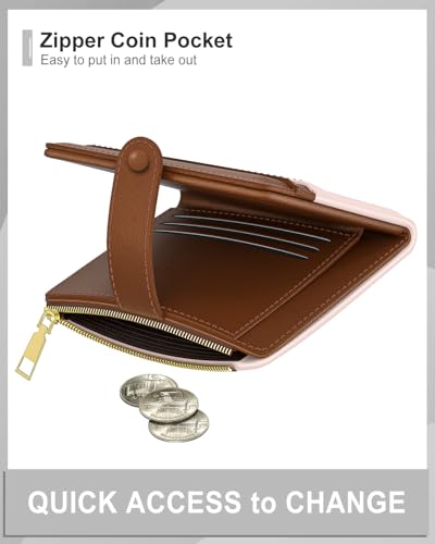 Image of Aiawoxc Womens Wallet, RFID Small Slim Wallets for Women, Compact Credit Card Holder, Cute Leather Bifold Ladies Purse with Zipper Coin Pocket and ID Window, Pink Brown