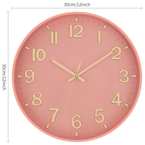 Image of Lumuasky Wall Clock Pink Modern 12 Inch Battery Operated Silent Non-Ticking Decorative Clock for Living Room Bedroom Office Kitchen School Classroom Nursery Decor, 3D Numbers Easy to Read