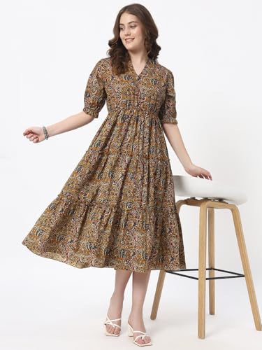Image of PIDAVLIYA'S Women's Floral Summer Maxi Dress I Cotton Printed I One Piece Bodycon Midi Dress with V-Neck, Puffed Sleeves