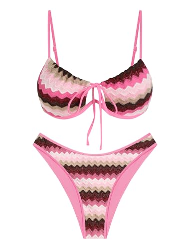 Image of ZAFUL Women High Cut Bikini Sets String Sexy Swimsuit Two Piece Underwire Bathing Suit Brazilian Cheeky Cut Out Cute Swimwear