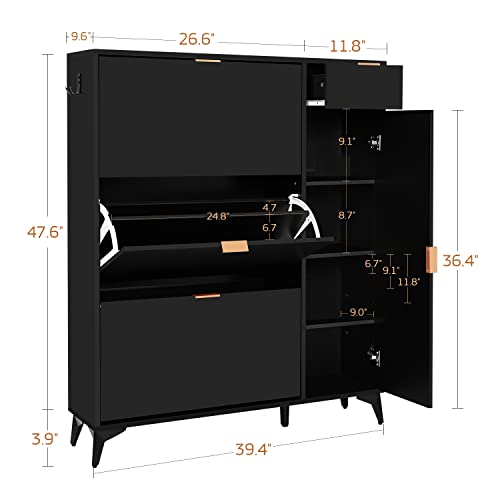 ARTETHYS Slim Shoe Storage Cabinet with Door Black Narrow Shoes Organizer with 3 Flip Drawers Boot Rack for Entryway 22 Pairs