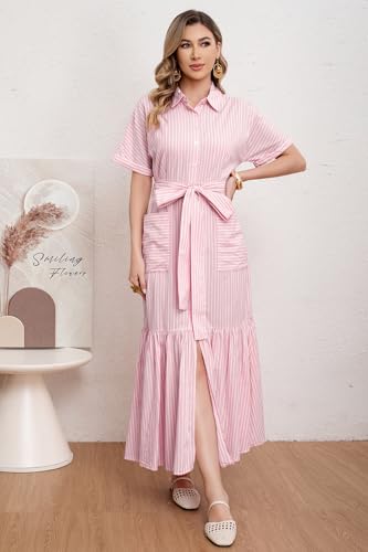 Image of utcoco Women's 2026 Summer Casual Striped Button Down Maxi Dress Tie Waist Short Sleeve Shirt Dress with Pockets