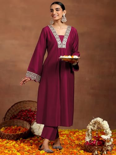 Image of Libas Gerua Womens Yoke Design Silk Blend Straight Kurta With Trousers