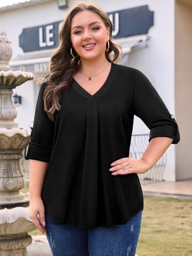 Plus Size Tops for Women V Neck Blouse Pleated Front Loose Fitting Tunic Top Dressy Casual Fall Clothes 2025