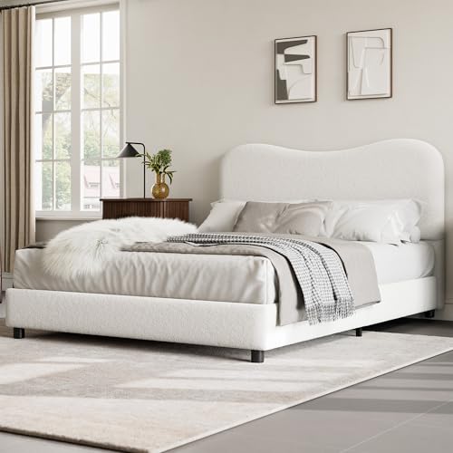 GarveeHome Full Size Bed Frame for Kids with Velvet Upholstered Headboard, Cute Low Profile Platform Bed for Girls and Boys, No Box Spring Needed, Strong Wooden Slats, Noise Free, Easy Assembly, White