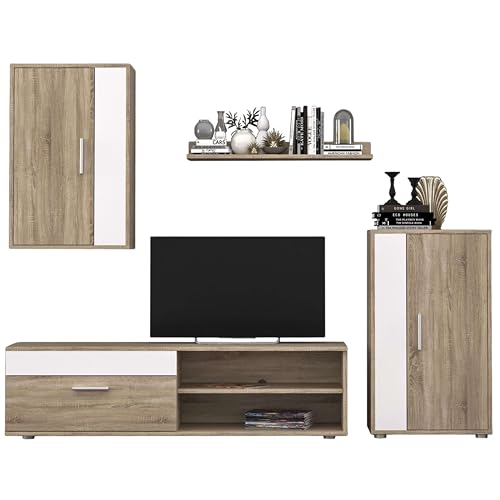 Miroytengo Muebles de Salón Comedor Estilo Nórdico: Módulo TV, 2 Armarios, Estante, Color Blanco y Roble Sonoma