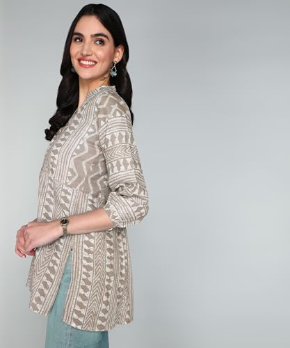 Image of Stylistico Geometric Print Summer Cotton Tunic Western Everyday Regular Fit Full Sleeve v Neck Office Peplum Printed Long Tops for Women Latest