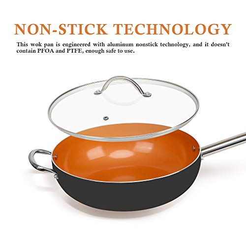 SHINEURI Copper 12 Inch Frying Pan, Wok and Stir Fry Pans with Lid, Nonstick Ceramic Copper Skillet with Stainless Steel Handle, Saute Pan for Cooking Saute Vegetables, Steaks, Induction Compatible
