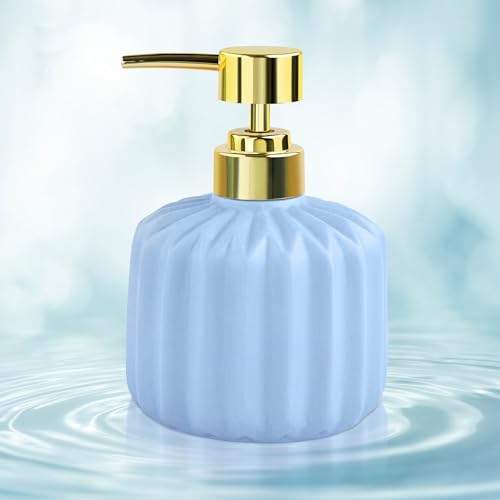 Image of Birch & Co. Ceramic Soap Dispenser For Wash Basin - Handwash Dispenser Bottle - Leak-Proof Design With Silver Glossy BPA-Free Pump, Rivo, Blue,Soapdispenser Rivo Blue