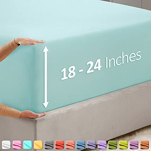 Image of Hearth & Harbor Extra Deep Pocket Twin Fitted Sheet - Fits 18 to 24 Inch Mattress - Ultra Soft 1800 Microfiber, Wrinkle-Free & Breathable - Hotel Luxury Fitted Sheet Only, Light Blue