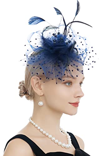 Myjoyday Women's Fascinators, Feathers Tea Party Hat, Veil Headband With Hair Clip For Cocktail Church (Dark Blue) #TOP2