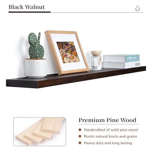 Image of Marsmiles Wood Floating Shelves | 48 Inch Dark Wood Wall Shelves Set of 1 | 48 inch W x 6.7 inch D Rustic Wooden Shelves for Bathroom Kitchen Living Room Bedroom