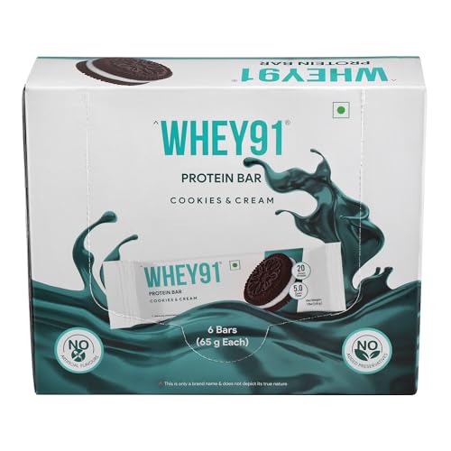 Image of Whey91 Cookies & Cream Protein Bar, 20g Protein & 5g Fiber in each, No Added Preservatives, No Artificial Flavour, 390g- (Pack of 6)