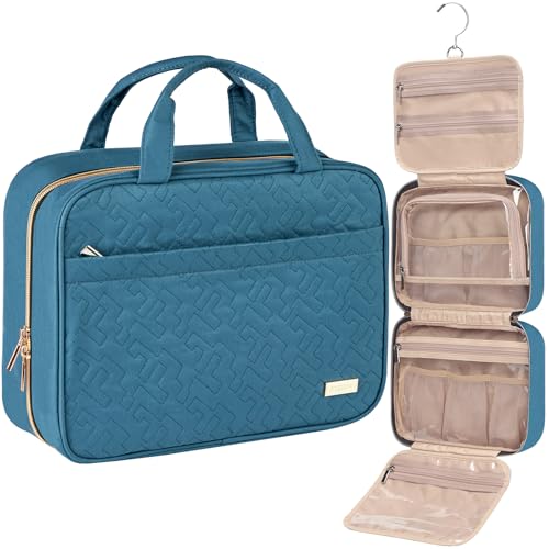 Image of NISHEL Travel Toiletry Bag for women, Portable Hanging Organizer for Full-Sized Shampoo, Conditioner, Brushes Set, Makeup Accessories, Large Size, Lake-Blue