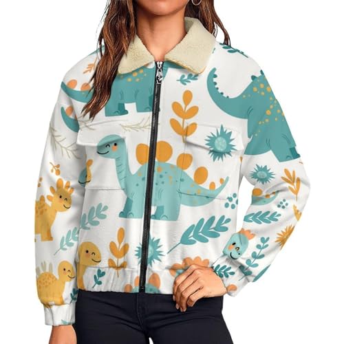 Veste polaire femme dinosaure en sherpa blanc chaud à capuche pour hiver