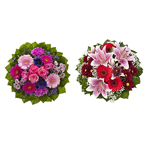 Dominik Blumen und Pflanzen, Blumenstrauß 'Magic' mit Rosen, Gerbera, Anemonen, Nelken und Ranunkeln &, Blumenstrauß 'Charlotte' mit rosa Lilien, Chrysantheme, Gerbera und Schleierkraut