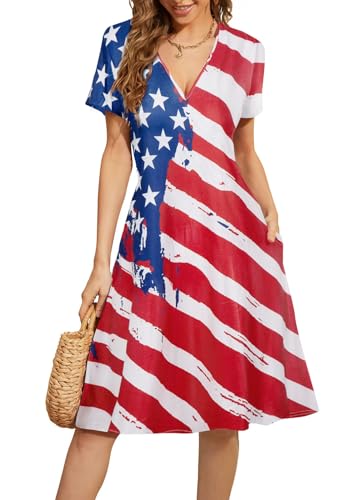 Image of LUKYCILD American Flag Dress Women 4th of July Patriotic Shirt USA Stars Stripes Dresses Sexy V- Neck Summer Sundress
