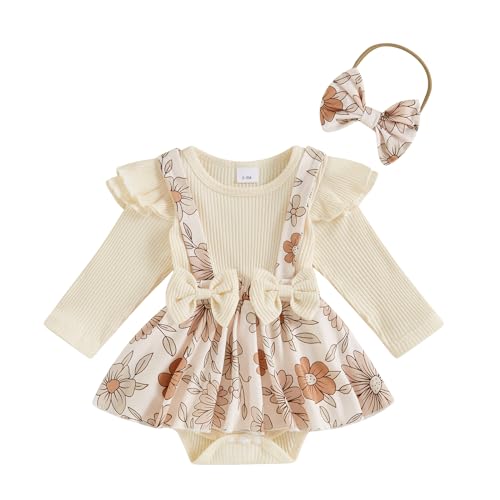 Lnzyyephy Baby Girl Fall Outfit Newborn Floral Romper Dress Infant Ruffle Long Sleeve Ribbed Bodysuit Winter Clothes Set (Floral-Apricot, 0-3 Months)