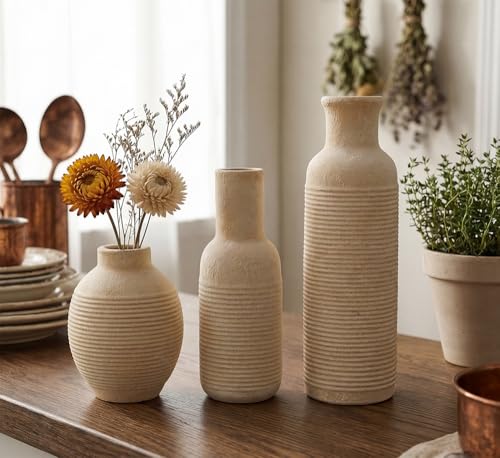 Rustic Farmhouse Vase Set of 3 - Ceramic Decorative Vases Home Decor - Pampas Grass Dried Fresh Flowers - for Centerpiece, Table, Mantel Entryway, Kitchen, Bedroom (White2) - Image 4