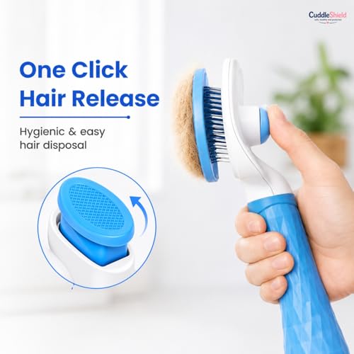 Image of Self Cleaning Slicker Pet Grooming Brush Dogs & Cats | Soft Grip Handle for Shedding and Massage with Beaded Bristles