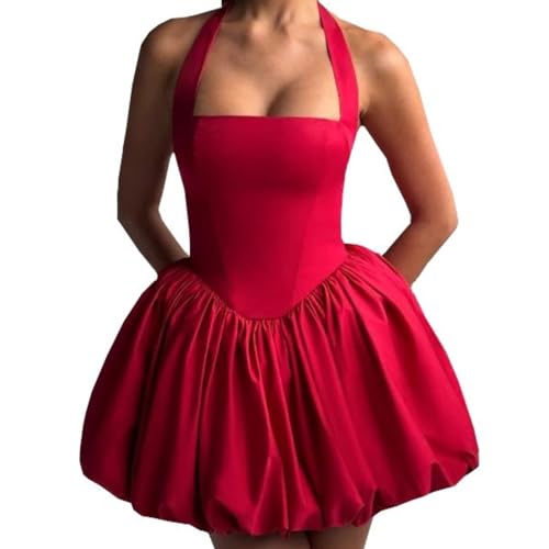 Image of Women's Y2K Sexy Halter Corset Mini Dress Backless Corset Bubble Ruched Waist Club Party Dresses