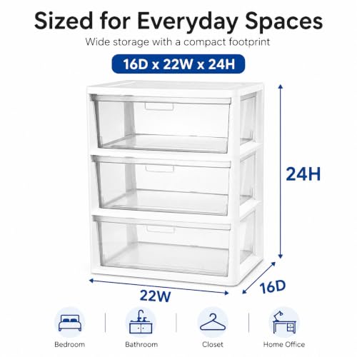 3-Drawer-Plastic-Storage-Tower-Wide-Organizer-for-Closet-Bedroom-White-Stackable-wide-drawers-for-clothes-toys-and-crafts-Durable-see-through-plastic-provides-quick-visibility