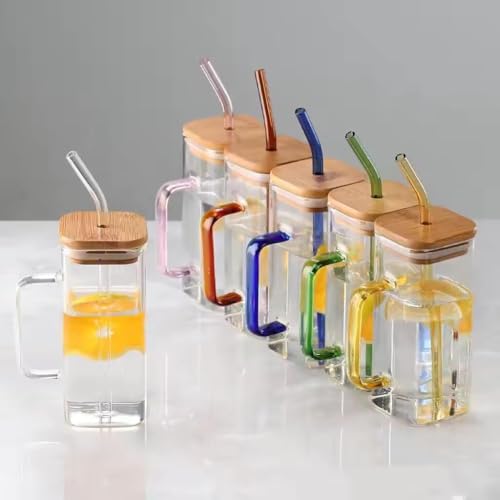 Image of ANKUL Random Clour Squre Glass Sipper Tumbler Tea Coffee Can with Wooden Lid and Straw - 400ml - Pack of 2 - Fruit Milk Juice Cup Glass Straw (Square Mug Wooden Lid, 2)