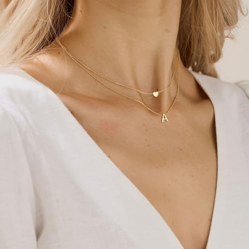 MOMOL 18K Gold Plated Stainless Steel Layered Heart Initial Necklace Personalized Tiny Letter Choker Necklace Monogram Name Necklace for Women4