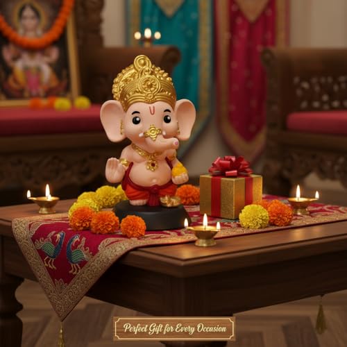 Image of Cute Lord Ganesha God Idol for Car Dashboard with Mushak & Modak - Elegant Ganesha Murti for Home Decor - Decorative Ganesh Ji Showpiece - Ideal for Office & Gift - Ganpati Bappa