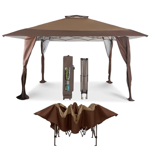 PHI VILLA Pop Up Gazebo 4m x 4m Garden Canopy Shelter Marquee with Wheeled Carry Bag UV Protection Water-Resistant 150D Oxford Cloth 169 Square Feet of Shade for Grill Patio Deck Brown