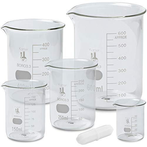 Glass Low Form Beaker Set with Magnetic Stir Bar, 3.3 Borosilicate Glass, Double Scale, 5 Sizes - 50, 100, 250, 400, and 600ml, Karter Scientific