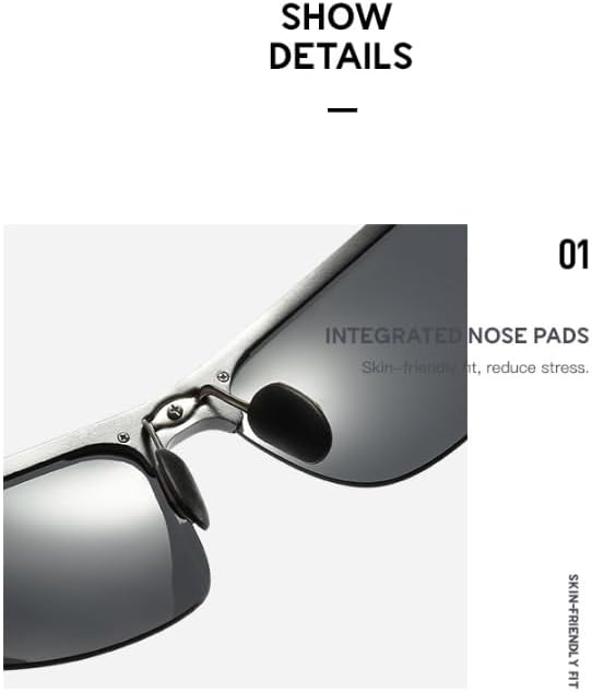 Sports Polarized Sunglasses, Aluminum-Magnesium Frame, Black UV Protection Lenses, Semi-Rimless Design for Men